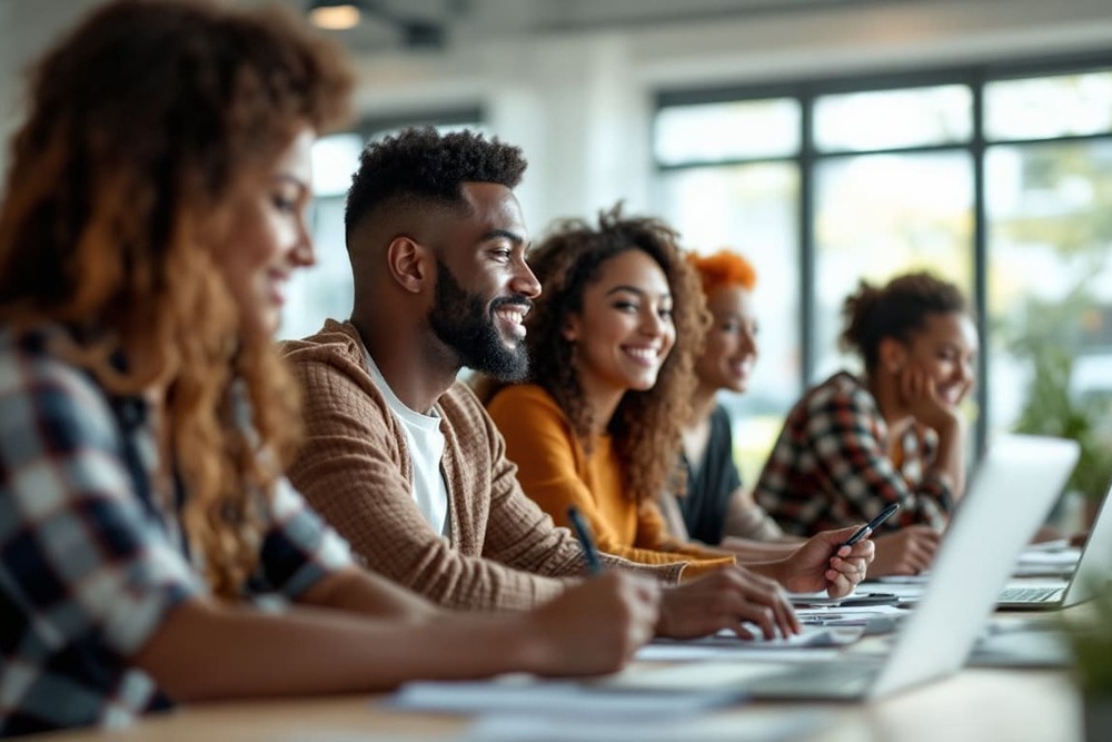 equipo trabajo colaborativo ordenadores oficina jovenes