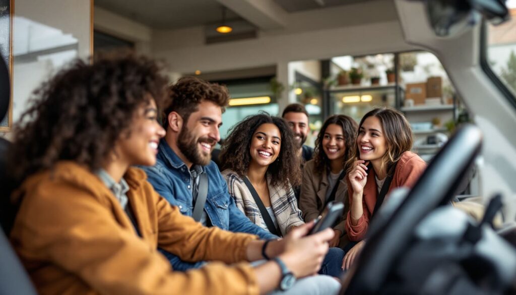 grupo amigos divertidos coche compartido tecnologia