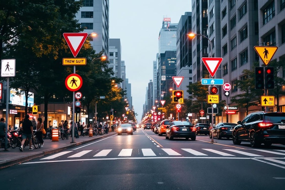 avenida con trafico denso y senales viales en medio de la ciudad