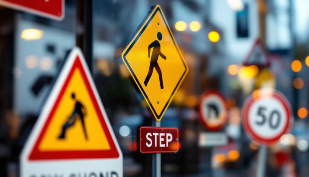 señales de trafico con iconos de paso de peatones y limite de velocidad