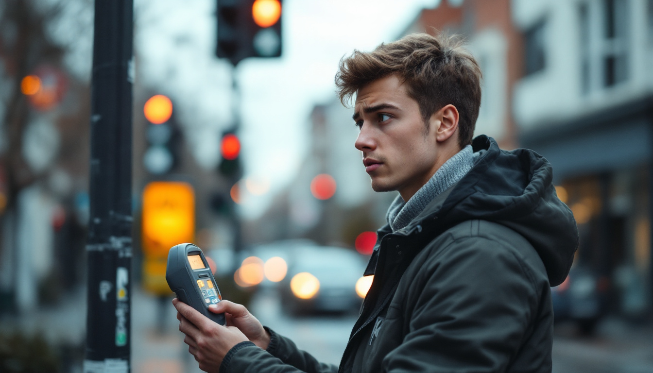 Multas más comunes entre conductores noveles A photograph of a young driver looking concerned while examining a traffic sign or a parking meter