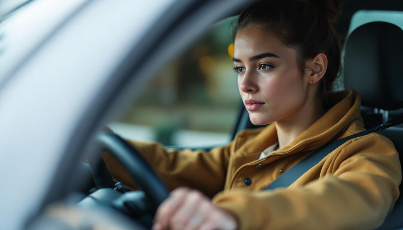 A photograph of a focused student practicing driving maneuvers in a realistic driving environment