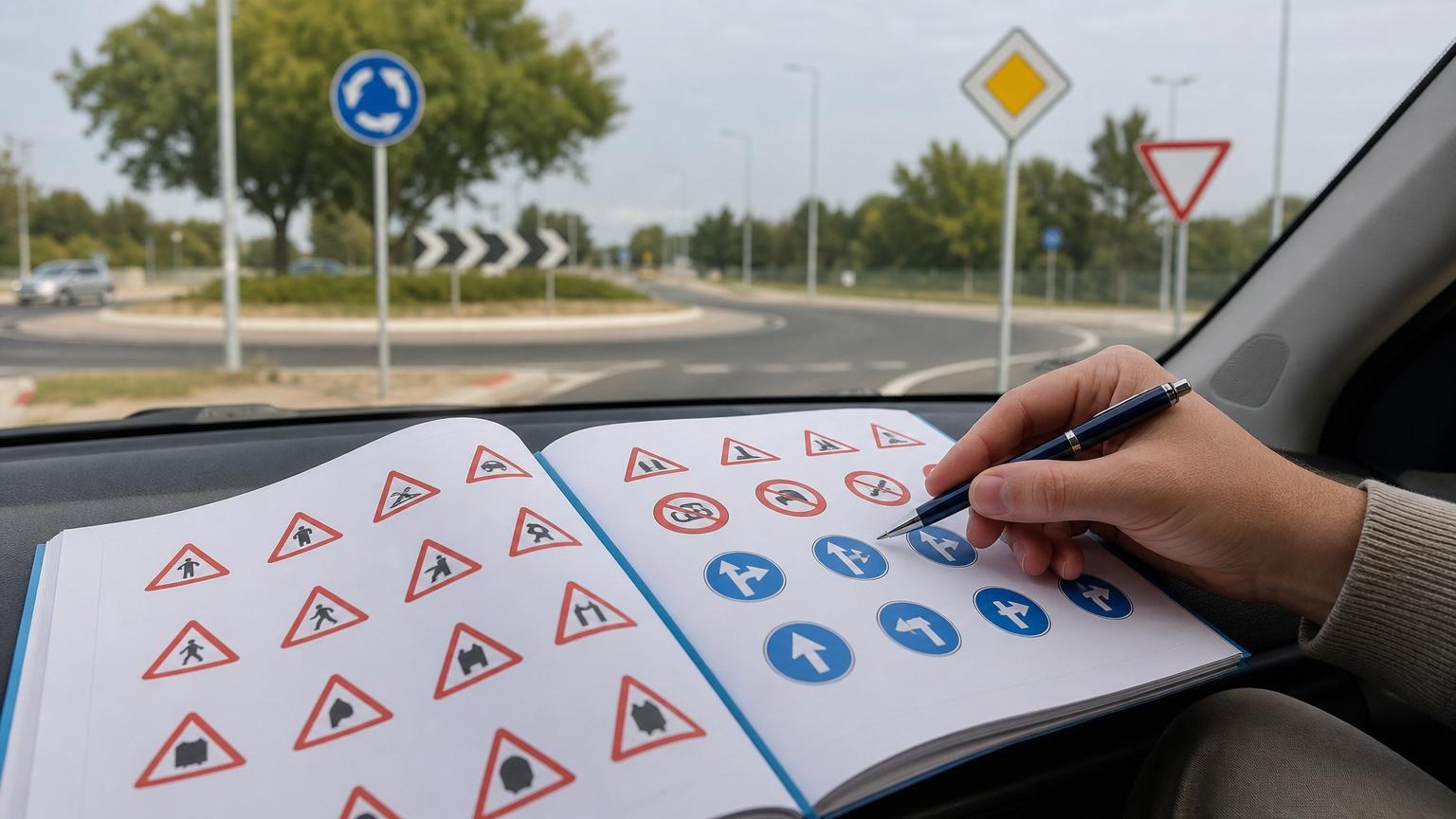 Person inside a car holding a pen over a manual of traffic signs, with a real roundabout and road signs visible through the windshield.