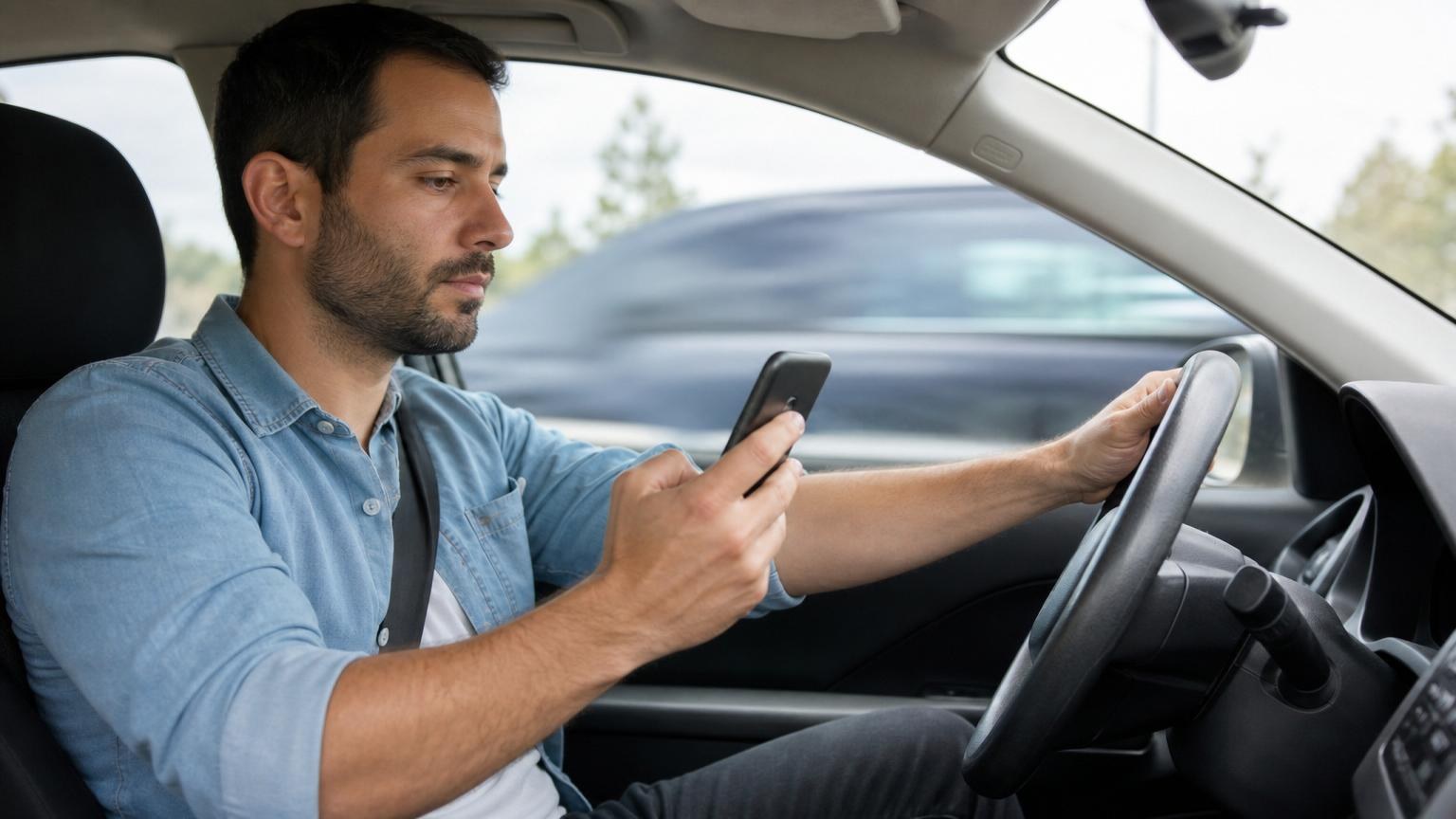 Man in a blue shirt looking down at a smartphone while holding the steering wheel of a moving car.
